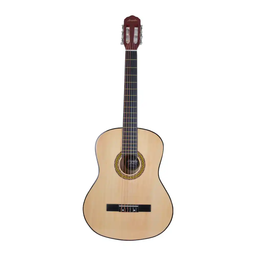 Classical guitar with a natural wood finish, nylon strings, and decorative rosette around the soundhole