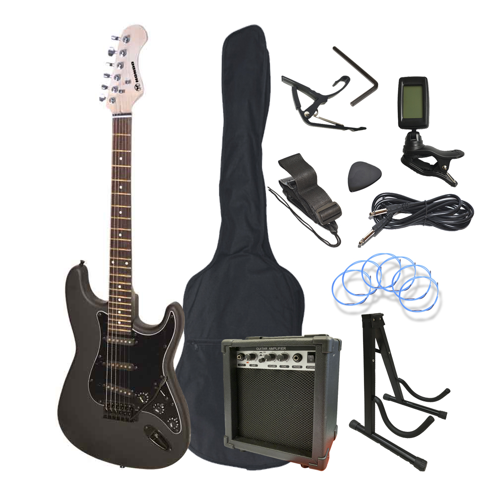 Pack guitarra Hondo HGP-600 negra con amplificador 10W y accesorios